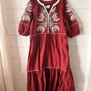 Anthropologie, Burgundy Embroidered Midi Dress